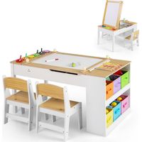 COSTWAY Set Tavolo da Disegno e Cavalletto per Bambini 3+ Anni,2 Sedie,Tavolo in Legno,Naturale