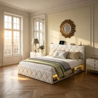 Cama tapizada de 160x200 cm con espacio de almacenamiento e iluminación LED, cama de terciopelo suave con función de carga USB-C, cama funcional con estante en el cabecero y compartimentos laterales,