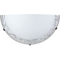 Élégante applique murale chromée avec verre décoré et plaque blanche, équipée de crochets pour l'installation, adaptée pour contenir une ampoule E27.