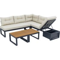 Salon de jardin modulable transformable en bain de soleil avec coffre de rangement dossier reglable coussins epais housse polyester impermeable terrasse balcon beige