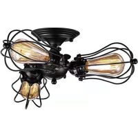 Industrial 3-Light Wire Cage Semi Flush Mount Ceiling Light, Vintage Matte Black Farmhouse Ceiling Fixture