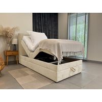 Lit adulte 100x200 SORRENTO - ensemble relaxation électrique, matelas ressorts ensachés, rangement, surmatelas en tissu beige