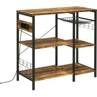 Carrello da cucina a 3 ripiani con presa di corrente, porta USB e cestello in metallo rimovibile, 90x40x83 cm, marrone rustico.