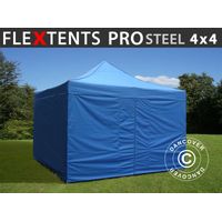 Faltzelt FleXtents PRO Steel 4x4m Blau, mit 4 Seitenwänden