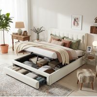 Cama tapizada 140/190 cm beige de terciopelo con almacenaje hidráulico y 2 cajones