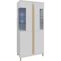 Étagère Florem IV, Blanc + Blanc brillant + Clair bois, Avec des portes, Fermé, Stratifié, Verre, Le nombre de portes: 4, Nombre de tiroirs: 0, 198x92x40cm, LED: Disponible