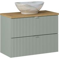 Insieme ELVINA 80cm: mobile sottolavabo con cassetti verde + piano per lavabo in aspetto legno scuro + lavabo da appoggio marmorizzato