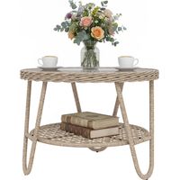 Table jardin ratán mesa auxiliaire avec étagère plateau verre trempé 65x65x50 cm jaune