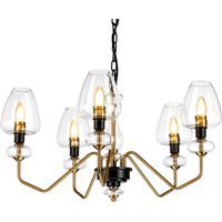 Lampadario Armand Acciaio Ottone Antico Nero Carbone Vetro Nero 5 Luci E14