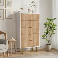 Commode 60 cm en bois, rectangulaire, avec 5 tiroirs de rangement, poignées et pieds en métal, scandinave, meubles de salon - Couleur blanc et bois