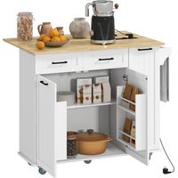 Isla de Cocina con Ruedas Toma de Corriente USB Tablero Plegable 2 Cajones Especiero y Toallero 119,5x74x94,5 cm Blanco