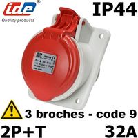 Prise femelle 2P+T 32A étanche IP44 - Tension(V) - Prise code horaire 9 - 32A - 380V à 415V