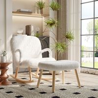 Fauteuil à Bascule avec Pouf en Laine Duveteuse, Coussin Rembourré Haut,Bois Clair et Blanc, Style Luxe Douillet