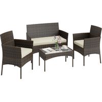 Conjunto de Muebles de Jardín de Ratán Sintético con Sofá Sillones y Mesa de Centro con Vidrio Templado y Cojines Marrón