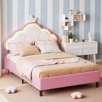 Pink Double Bed for Girls Princess Bed 135x190 Kids Double Bed with RGB LED Cloud Crown Headboard Velvet Bed Frame Kids Beds Girls Double Bed Pink