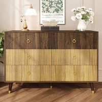 Sideboard moderne 120 cm, 6 tiroirs, effet bois bicolore rétro, poignées dorées, pieds bois massif, 120 x 40 x 81 cm