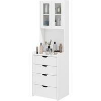 Coiffeuse avec miroir lumineux réglable, tabouret, tiroirs et armoire, blanc