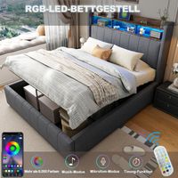 Cama canapé 140x200 cm, cama doble tapizada para adultos, tomas LED y USB, cabecero con baldas, lino, colchón no incluido, color gris
