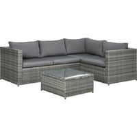 3-Piece Grey Rattan Garden Furniture Set with Thick Cushions, 4-Seater Corner Sofa and Glass Coffee Table for Outdoor Patio Use