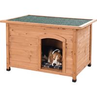 Relaxdays wooden dog house, HxWxD: 58.5 x 85 x 53 cm, weatherproof, hinged roof, outdoor, orange/green
