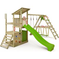 FATMOOSE Spielturm Klettergerüst FruityForest mit SurfSwing & Rutsche, Kletterturm mit Sandkasten, Leiter & Spiel-Zubehör - apfelgrün