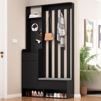 Armoire d'entrée avec banquette de rangement rembourrée, meuble à chaussures multifonctionnel avec panneau perforé, armoire moderne avec 4 crochets pour l'entrée ou la buanderie, noir, H 180/L 100/P 3