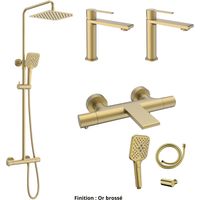 Ensemble 2 Mitigeurs lavabo + Colonne de douche + Mitigeur Bain + Support douchette flexible Couleur Or brossé