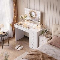 FENCHILIN Coiffeuse avec éclairage LED, luminosité réglable, 8 tiroirs, 120 x 81 x 55 cm,miroir de courtoisie inclus, blanc