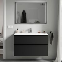 Badmöbel Unterschrank Bernstein LAVOA 100cm mit Mineralguss Waschbecken CREAM Badmöbel: Schwarz matt, Metallgriff: Anthrazit matt, Waschbecken: Weiß matt mit Hahnloch