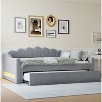 Tagesbett aus MDF, Sperrholz und Leinen in Grau, 140x200 cm, mit Ausziehbett, LED-Beleuchtung und Lattenrost