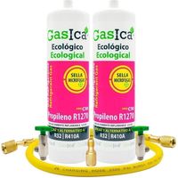 2 Botellas Gas refrigerante GASICA C10 compatible con R32 R410A válvula incluida, manguera y adaptador