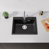 Auralum Évier Cuisine en pierre de quartz - 55x45x20 CM - Évier 1 Bac Noir avec Ensemble de Drainage, Montage à Encastrer