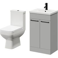 Turin Gloss Grey Pearl 500mm Floor Standing Vanity Unit and Toilet Suite with 1 Tap Hole Basin and 2 Doors with Matt Black Handles
