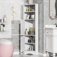 Meuble d'angle pour salle de bain blanc, 36,5x36,5x155 cm, étagère ajustable avec deux casiers de rangement et tablette ouverte