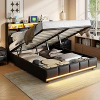 Letto contenitore 160x200 cm con rete idraulica e LED RGB - Letto matrimoniale in PU nero con ripiani contenitore - Stazione di ricarica USB/Type-C - Design moderno - Nero