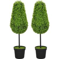 2er Set Künstliche Buchsbaum 90cm Kunstpflanze in Tränenform, Plastik Künstliche Pflanzen im Topf Moderne Dekoration