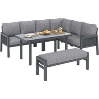 Ensemble Repas de Jardin 8 Places d'Angle, Structure en Acier Galvanisé, Tressage PE Artisanal, Plateau de Table en Verre, Composé Canapé + Banc Long + Table, Coussins Gris Mobilier d'Extérieur