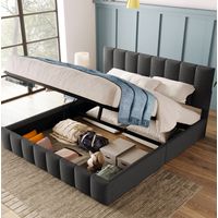 Cama doble tapizada moderna 140x200 cm en lino gris, cabecero ajustable y arcón con somier de láminas