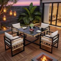 Hand-Woven Garden Sofa Set for 4 People / Made of Sturdy Iron with 4 Beige Cushions / Incl. 1 Safety Glass Table & 4 Armchairs / Weather-Resistant Patio Furniture