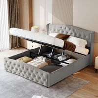 Cama baúl 140x200, cama 140x200 con somier, cama 2 plazas acolchada con cabecero ondulado, terciopelo suave, diseño capitoné con remaches, gris