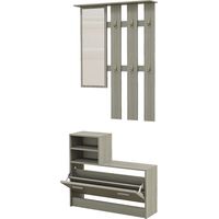 Mobili da ingresso con appendiabiti, specchio, panca, scaffale e scarpiera per 8 paia, grigio