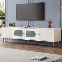 Meuble TV élégant — Finition blanche avec pieds et poignées dorés doté de 2 portes à rainures verticales et de 2 portes vitrées cintrées capacité de charge : 35 kg Meuble TV, Support TV, Console TV