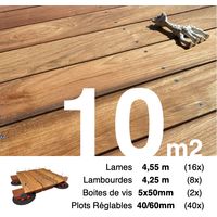 Kit complet terrasse bois exotique JATOBA pour 10 m² • Lames 4,55 m, lambourdes 4,25 m, plots réglables et visserie Inox • Livraison gratuite