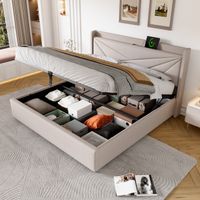 Cama doble con almacenamiento y carga USB beige OKMYHOME