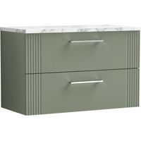 Nuie Deco Wall Hung 2-Drawer Vanity Unit with Carrera Marble Worktop 800mm Wide - Satin Green