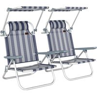 Juego de 2 Sillas de Playa Plegables con Dosel Ajustable Respaldo Reclinable 6 Posiciones Reposacabezas Azul y Blanco