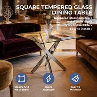 Dining Table with cross metal leg and tempered glass,Modern Space Saving Kitchen Table for Living Room,chrome legs,Square table,silver legs,80x80x75cm