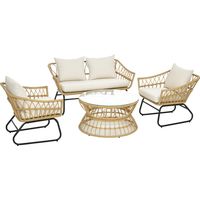 Conjunto de jardim 4 peças em rattan com sofá de 2 lugares,cadeiras e mesa baixa areia creme para um exterior elegante