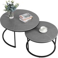 Unho – Table basse gigogne ronde en pierre frittée – Lot de 2 tables modernes – Pieds en métal noir – Dimensions φ80x45cm et φ60x40cm