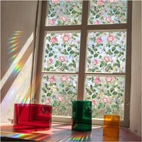 Film adhésif décoratif pour vitres à motif floral, film anti-UV statique sans adhésif (fleurs roses), film pour vitres effet vitrail